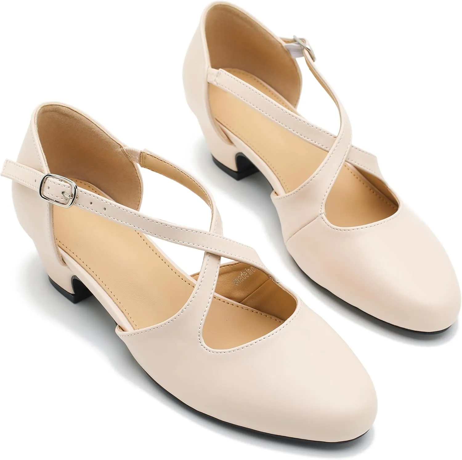 Women's Low Chunky Heel Pumps Cross Strap Closed Toe Dress Shoes