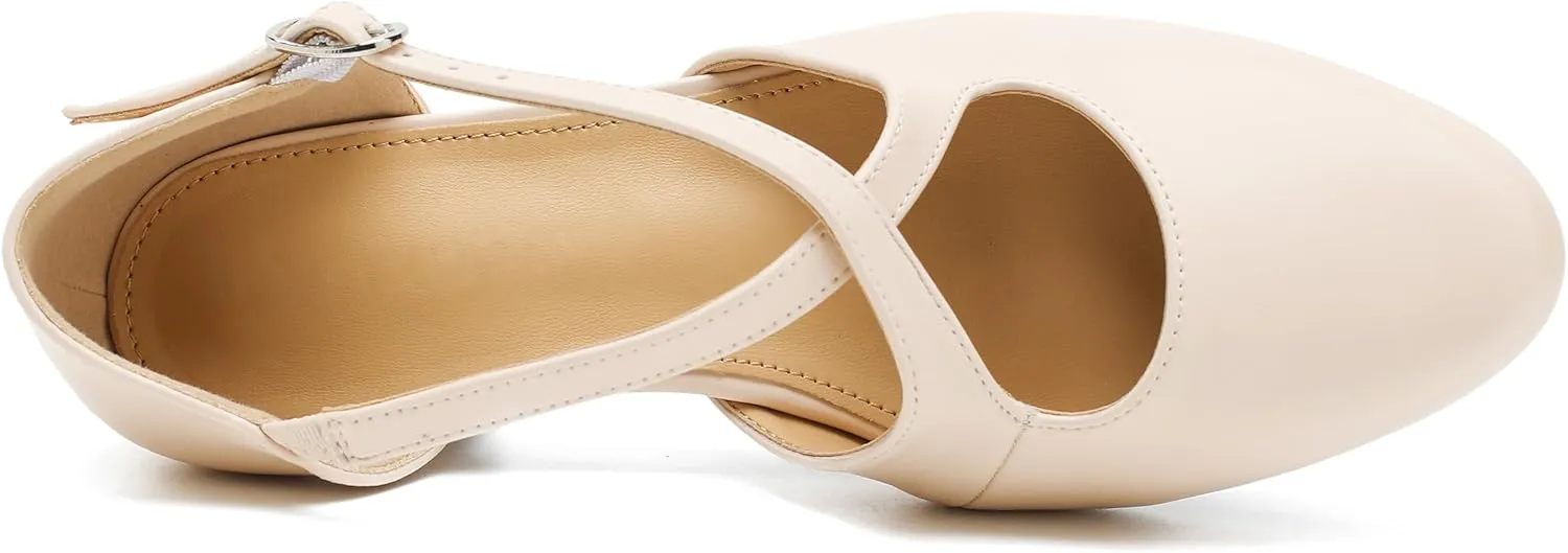 Women's Low Chunky Heel Pumps Cross Strap Closed Toe Dress Shoes