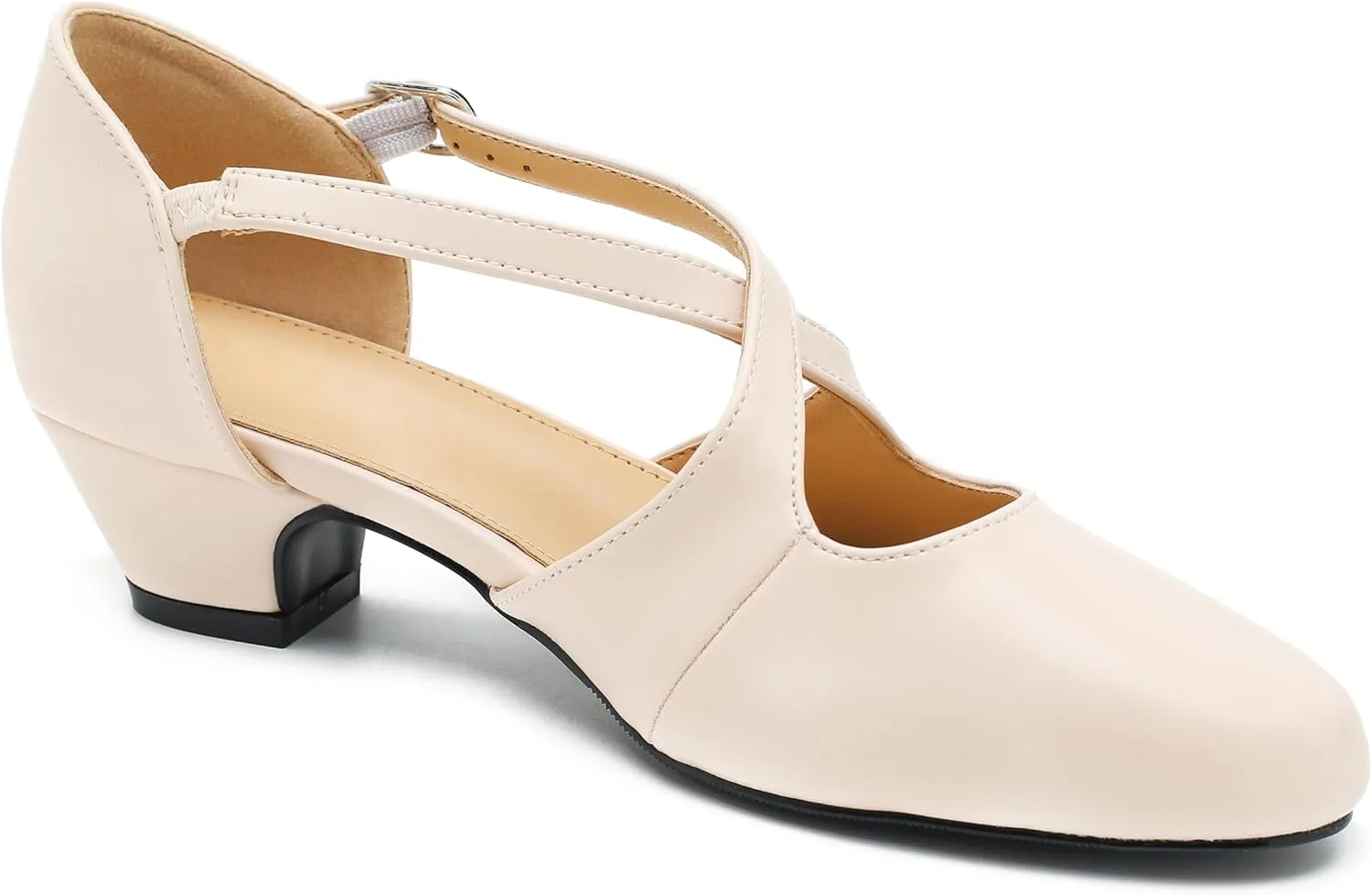 Women's Low Chunky Heel Pumps Cross Strap Closed Toe Dress Shoes