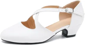 Women's Low Chunky Heel Pumps Cross Strap Closed Toe Dress Shoes