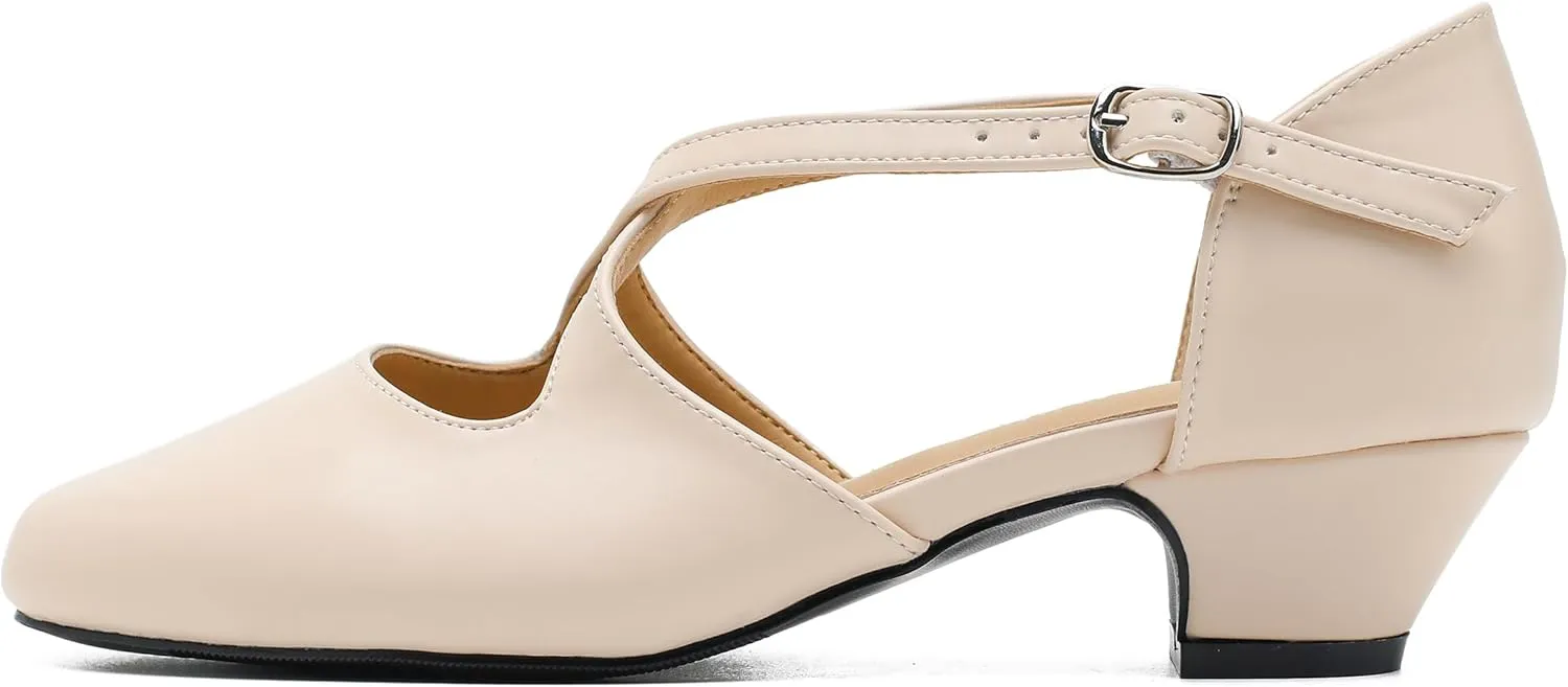 Women's Low Chunky Heel Pumps Cross Strap Closed Toe Dress Shoes