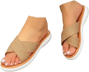 Women's Slides Sandals with Arch Support Flat-Bottomed Wide Width Flip Flops with Rhinestone Casual Open Toe Fish Mouth Summer Beach Walking Slippers