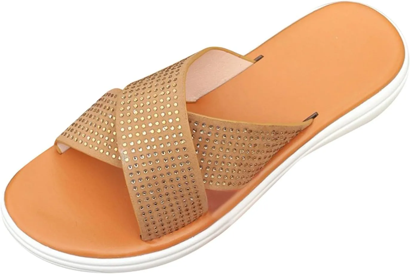 Women's Slides Sandals with Arch Support Flat-Bottomed Wide Width Flip Flops with Rhinestone Casual Open Toe Fish Mouth Summer Beach Walking Slippers