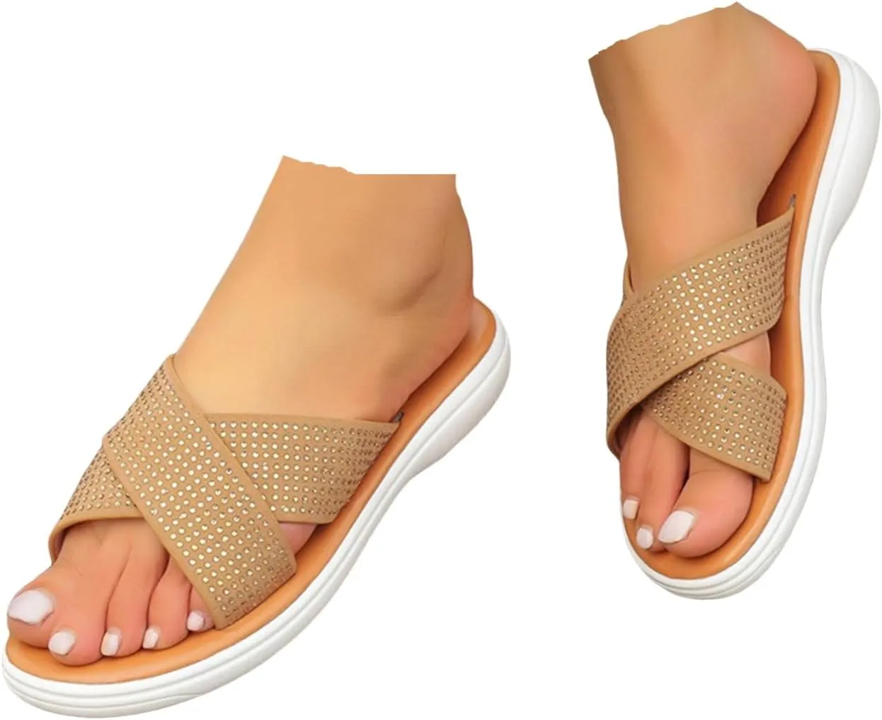 Women's Slides Sandals with Arch Support Flat-Bottomed Wide Width Flip Flops with Rhinestone Casual Open Toe Fish Mouth Summer Beach Walking Slippers