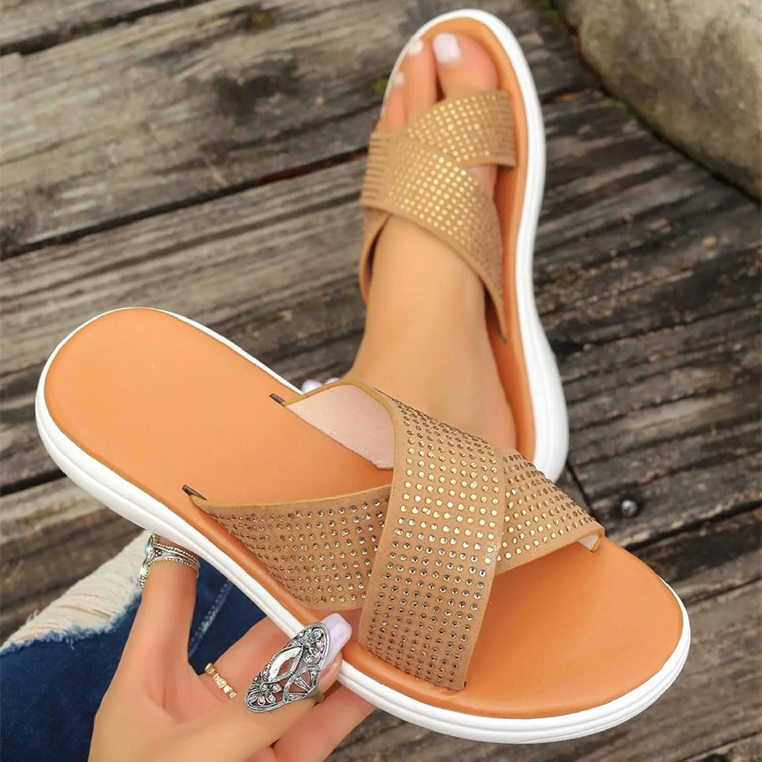 Women's Slides Sandals with Arch Support Flat-Bottomed Wide Width Flip Flops with Rhinestone Casual Open Toe Fish Mouth Summer Beach Walking Slippers