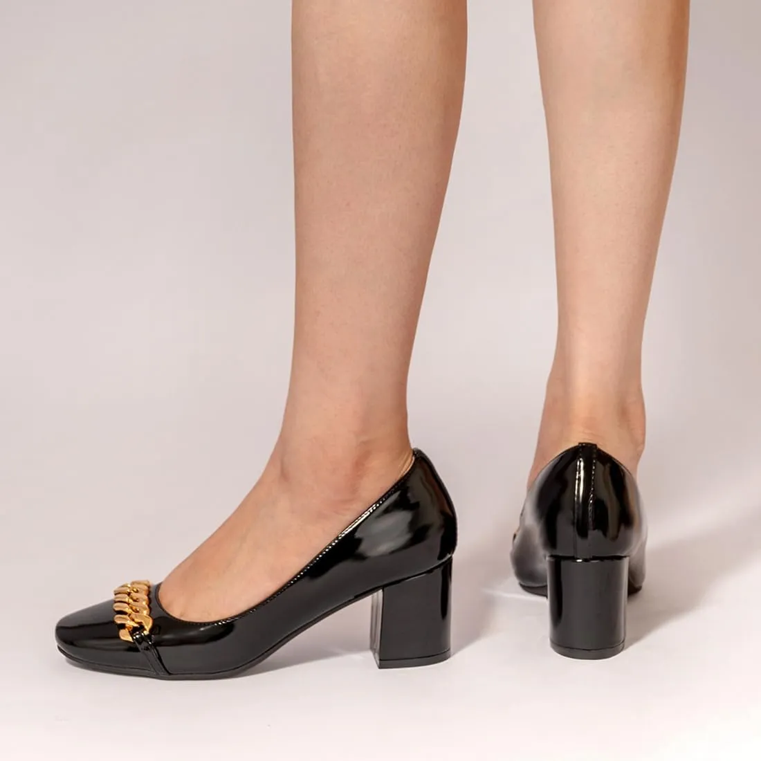 Womens Slip On Chunky Low Heel Pumps Square Toe Metal Chain Office Work Loafers Patent Mary Jane Comfor Heel Shoes