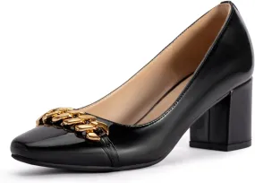 Womens Slip On Chunky Low Heel Pumps Square Toe Metal Chain Office Work Loafers Patent Mary Jane Comfor Heel Shoes