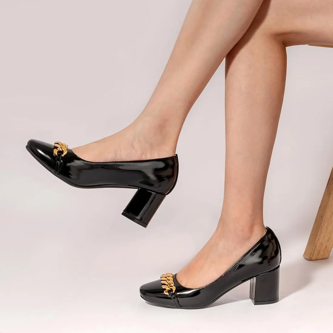Womens Slip On Chunky Low Heel Pumps Square Toe Metal Chain Office Work Loafers Patent Mary Jane Comfor Heel Shoes