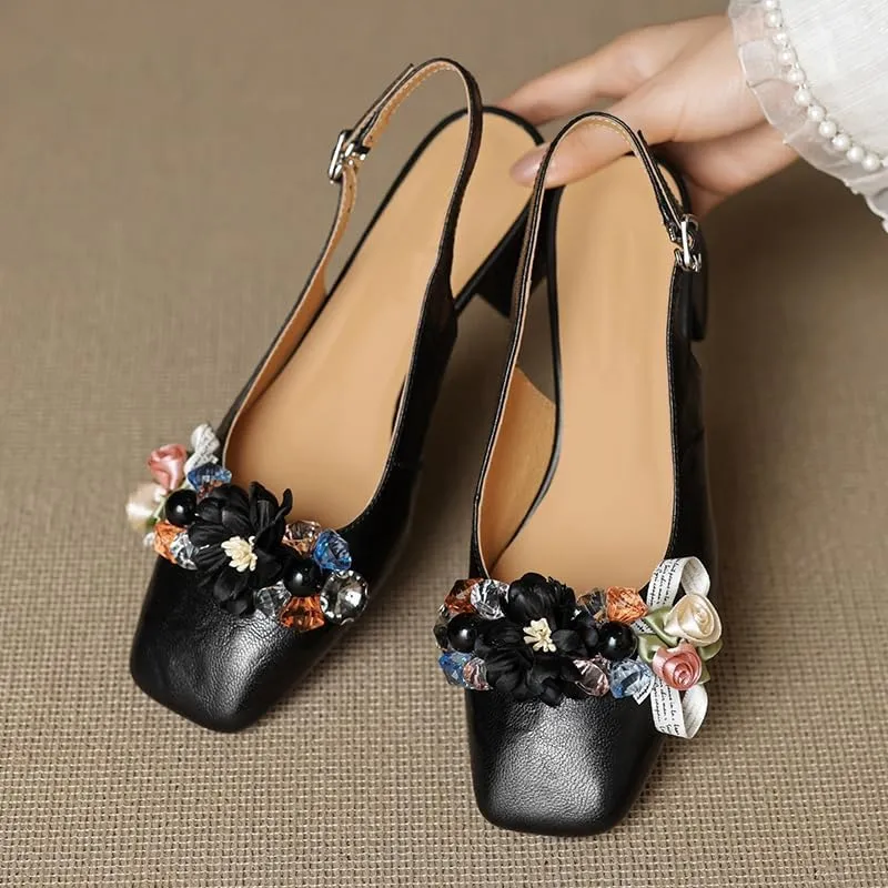 Womens Square Toe Slingback Pumps Flower Comfortable Low Heel Floral Slingbacks Party Dress Shoes