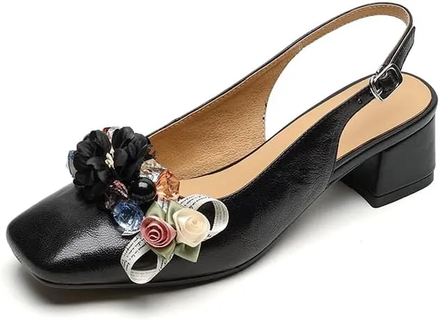 Womens Square Toe Slingback Pumps Flower Comfortable Low Heel Floral Slingbacks Party Dress Shoes