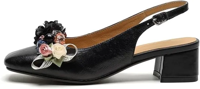 Womens Square Toe Slingback Pumps Flower Comfortable Low Heel Floral Slingbacks Party Dress Shoes