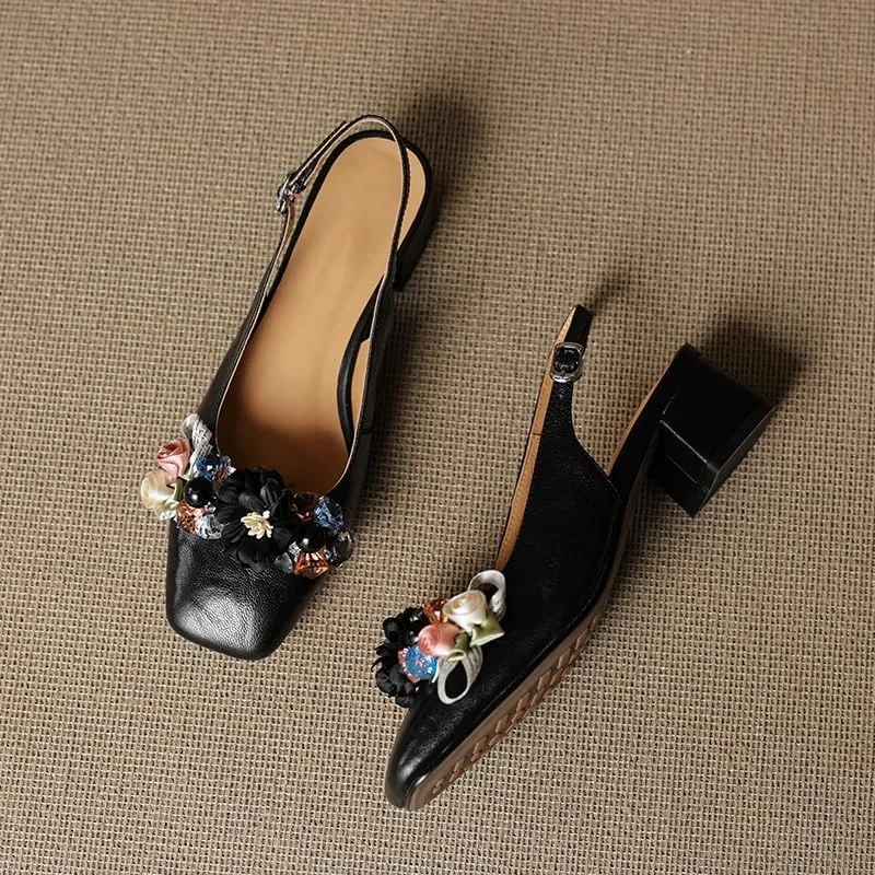 Womens Square Toe Slingback Pumps Flower Comfortable Low Heel Floral Slingbacks Party Dress Shoes