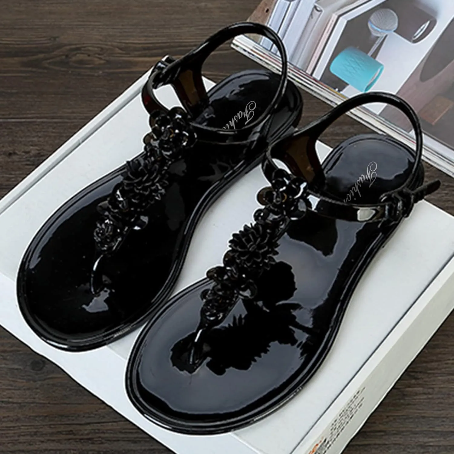 Women's Summer Fashion Flat Sandals Rhinestone Open Toe Slip on Casual Sandal Soft Soled Sandals for Women