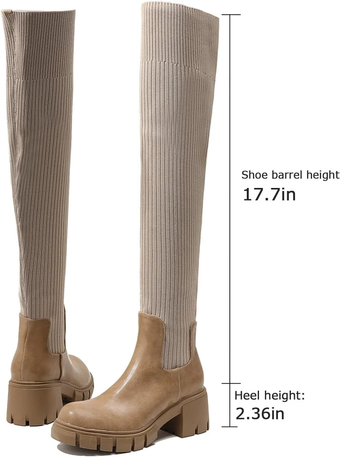 Women's Thigh High Boots Round Toe Mid Chunky Heel Slip On Over The Knee Boots Stretch Knitted Winter Sock Boots