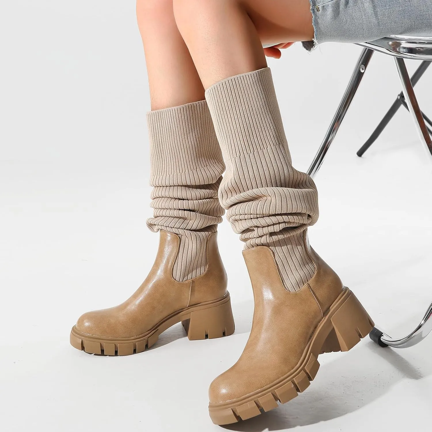 Women's Thigh High Boots Round Toe Mid Chunky Heel Slip On Over The Knee Boots Stretch Knitted Winter Sock Boots