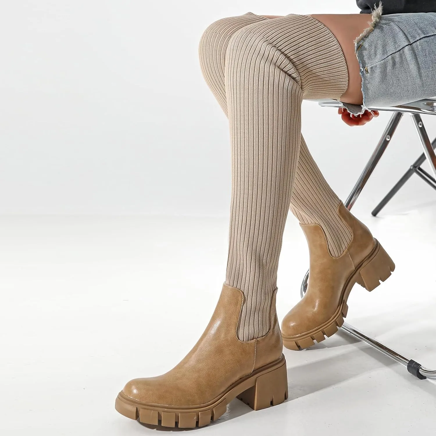Women's Thigh High Boots Round Toe Mid Chunky Heel Slip On Over The Knee Boots Stretch Knitted Winter Sock Boots