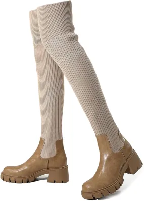Women's Thigh High Boots Round Toe Mid Chunky Heel Slip On Over The Knee Boots Stretch Knitted Winter Sock Boots