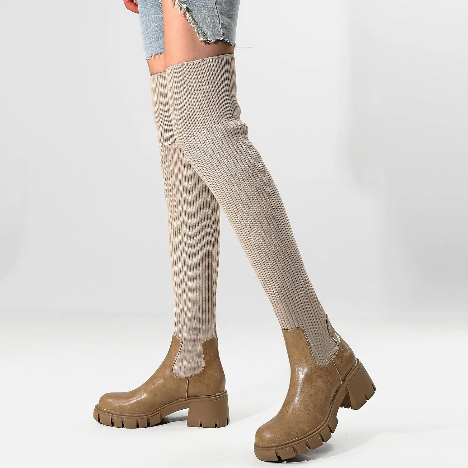 Women's Thigh High Boots Round Toe Mid Chunky Heel Slip On Over The Knee Boots Stretch Knitted Winter Sock Boots
