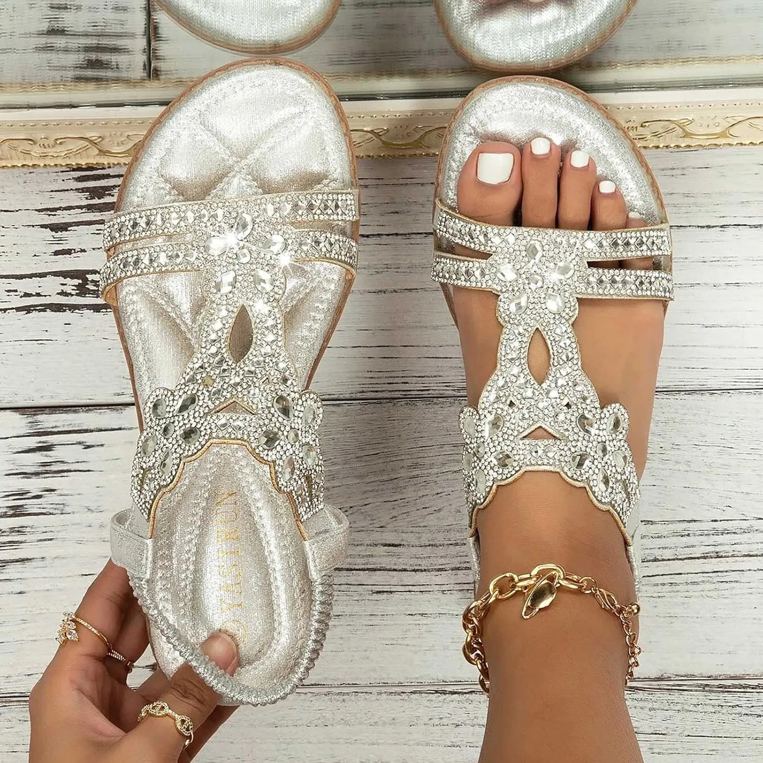 Yanzhenglip Women'S Bohemian Rhinestone Sandals Casual Flower Sandals Wedges Comfortable Peep-Toe Sandals Summer Dressy