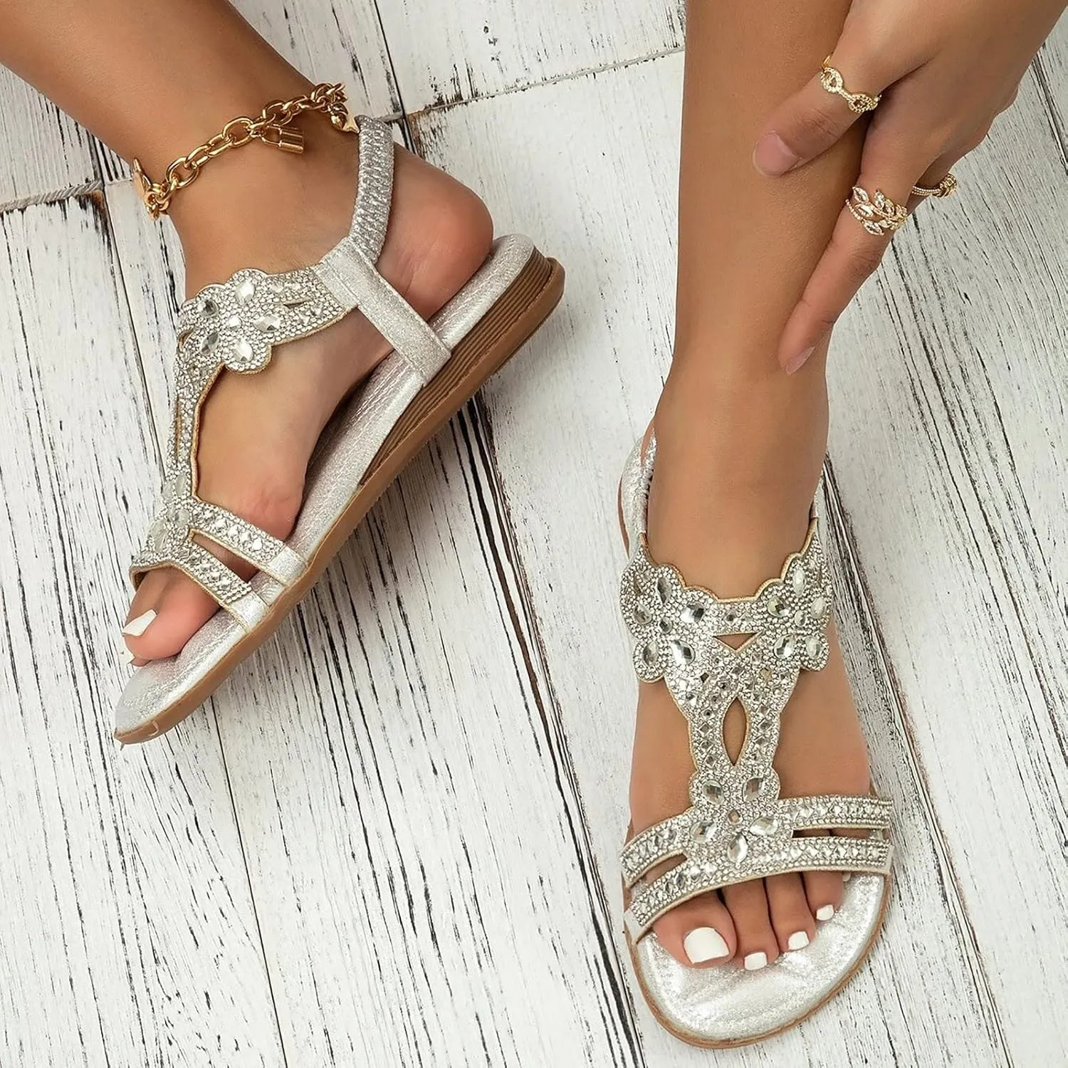 Yanzhenglip Women'S Bohemian Rhinestone Sandals Casual Flower Sandals Wedges Comfortable Peep-Toe Sandals Summer Dressy