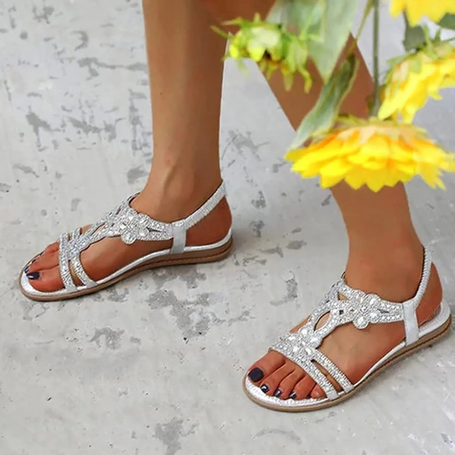 Yanzhenglip Women'S Bohemian Rhinestone Sandals Casual Flower Sandals Wedges Comfortable Peep-Toe Sandals Summer Dressy