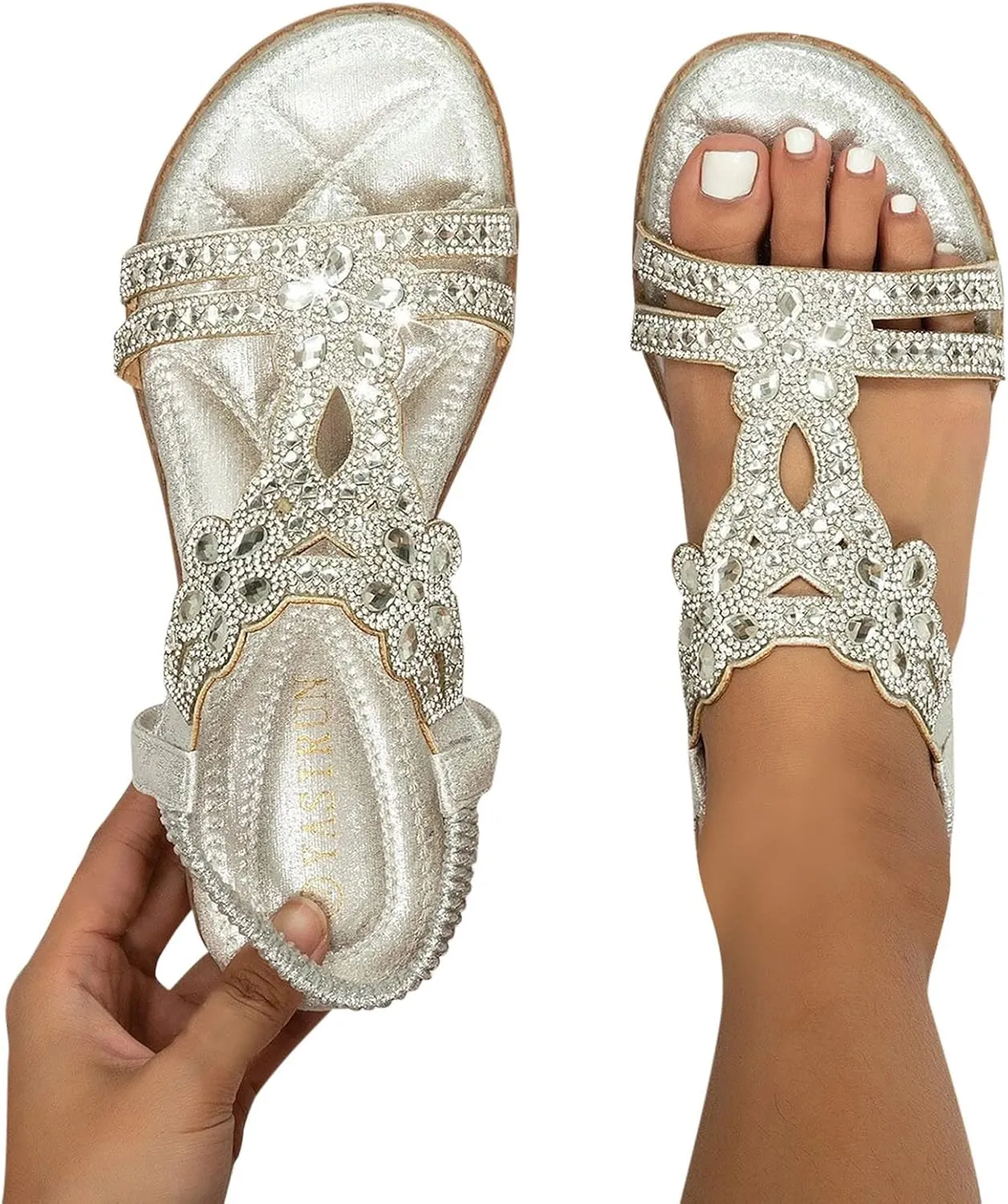 Yanzhenglip Women'S Bohemian Rhinestone Sandals Casual Flower Sandals Wedges Comfortable Peep-Toe Sandals Summer Dressy