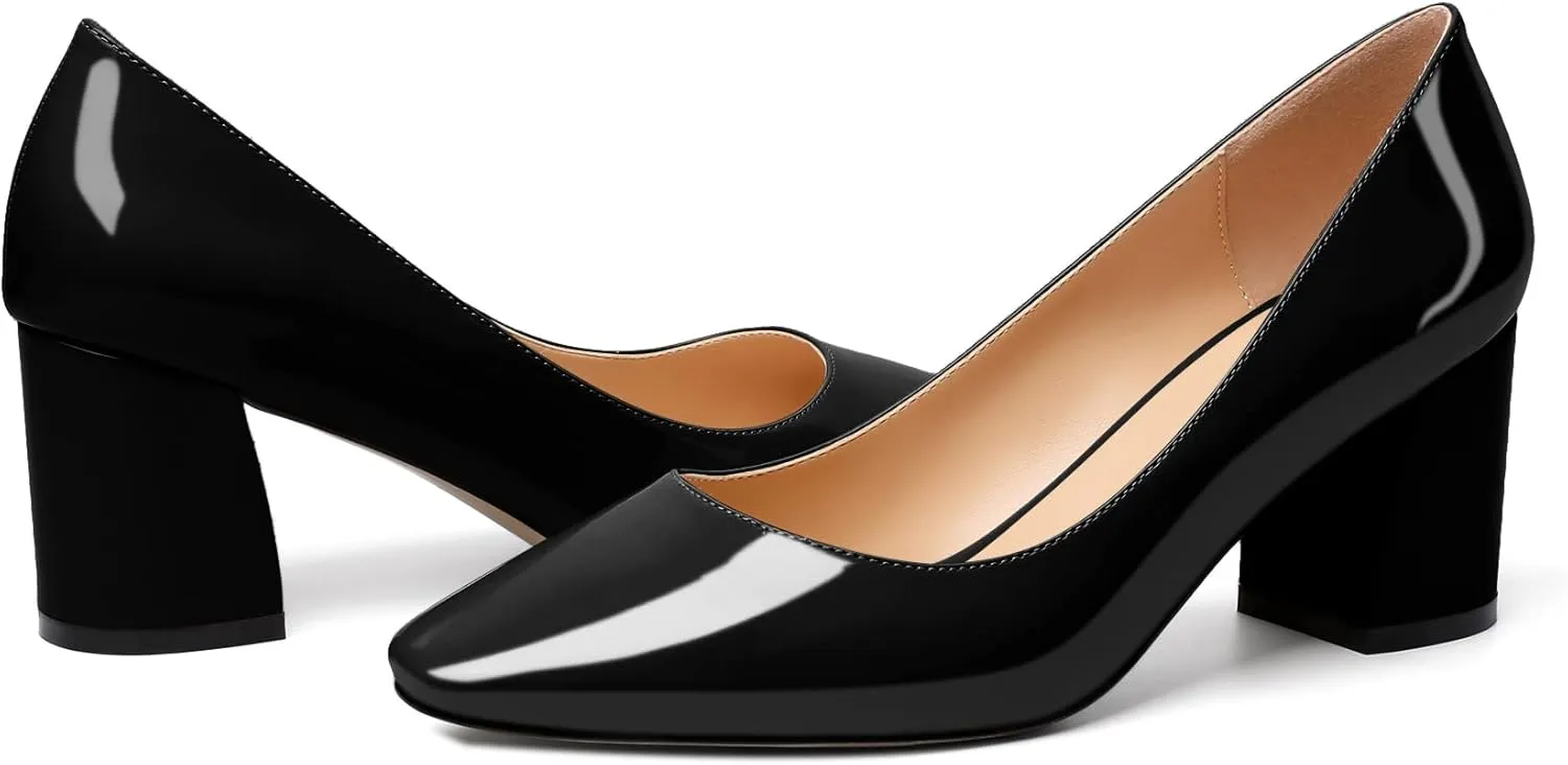 YODEKS Block Heel Slip-on Square Toe Low Chunky Heel Pumps Closed Toe Dress Shoes 2.5 Inch for Women Bride Wedding Evening Party