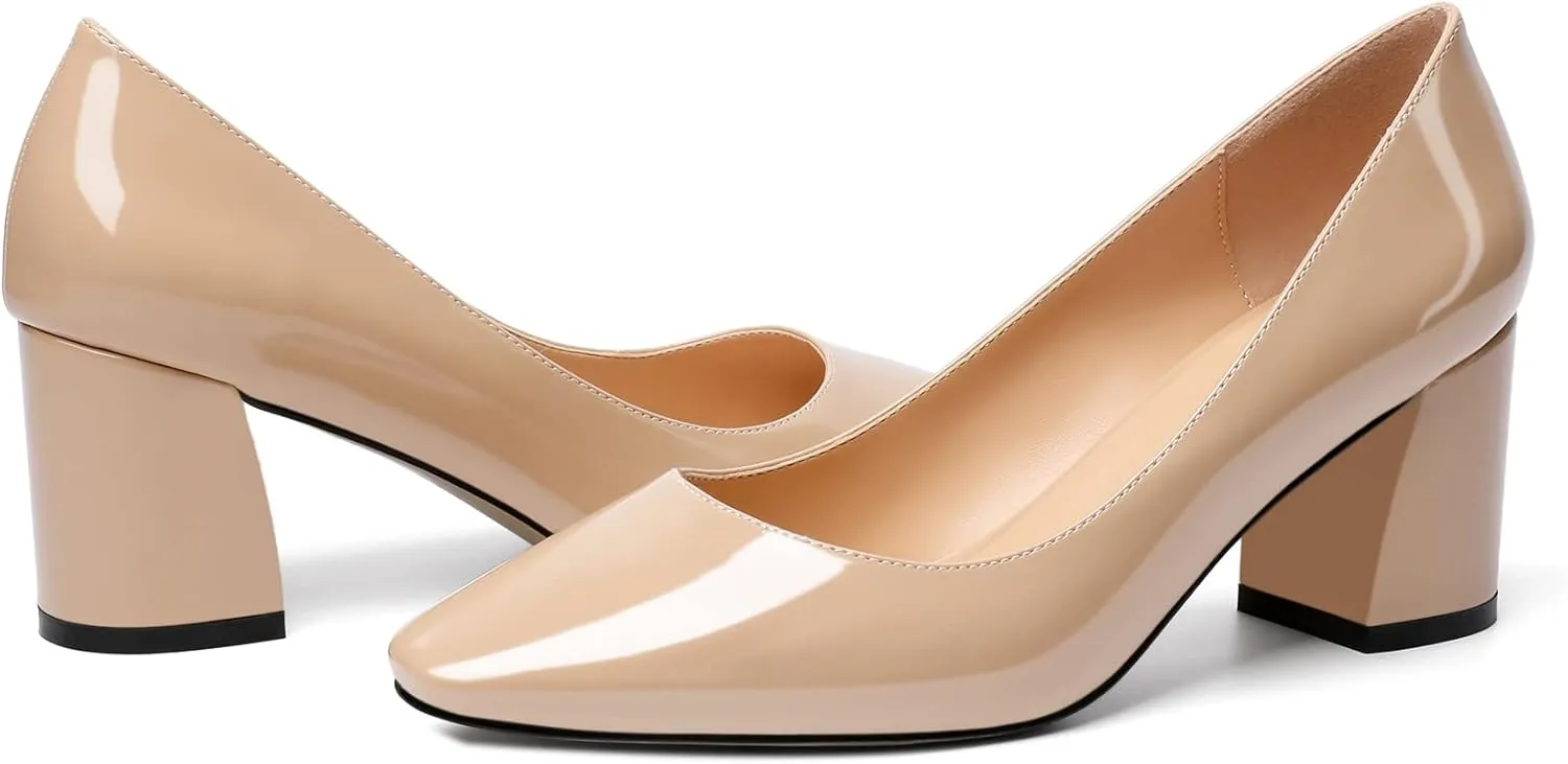 YODEKS Block Heel Slip-on Square Toe Low Chunky Heel Pumps Closed Toe Dress Shoes 2.5 Inch for Women Bride Wedding Evening Party
