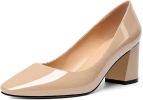 YODEKS Block Heel Slip-on Square Toe Low Chunky Heel Pumps Closed Toe Dress Shoes 2.5 Inch for Women Bride Wedding Evening Party