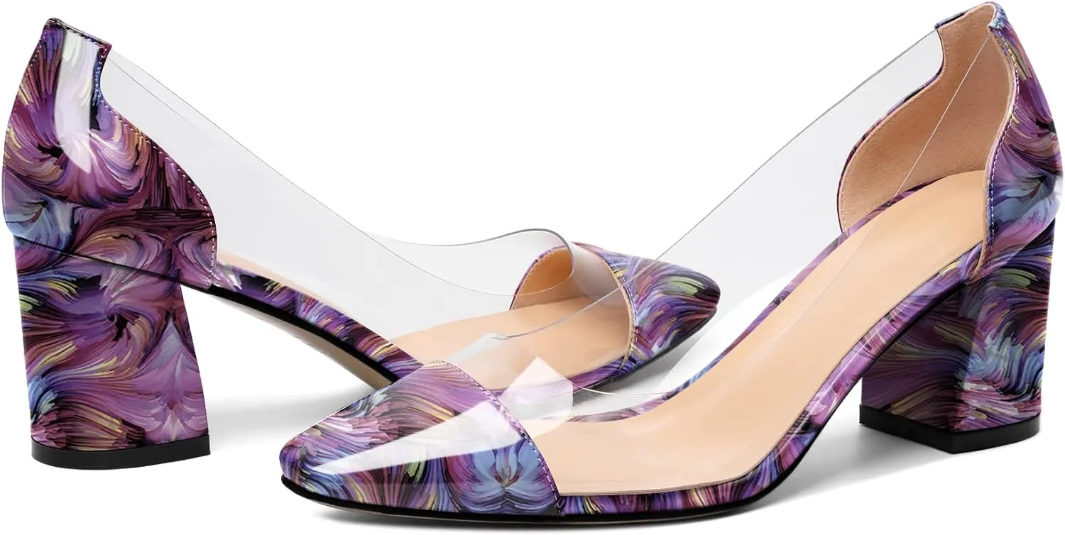 YODEKS Women Clear Heel Pumps Low Block Chunky Heel Pumps 2.5 Inch Square Cap Toe Slip On Shoes for Party Prom Dress