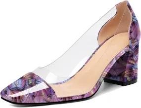 YODEKS Women Clear Heel Pumps Low Block Chunky Heel Pumps 2.5 Inch Square Cap Toe Slip On Shoes for Party Prom Dress
