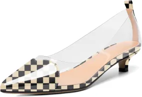 YODEKS Women Clear Heels Low Kitten Heel Pumps Slip On 1.5 Inch Pointed Cap Toe Dress Shoes